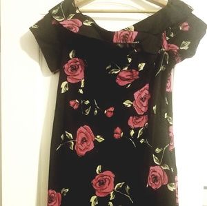 Vintage Black & Red Wiggle dress Rose Motif